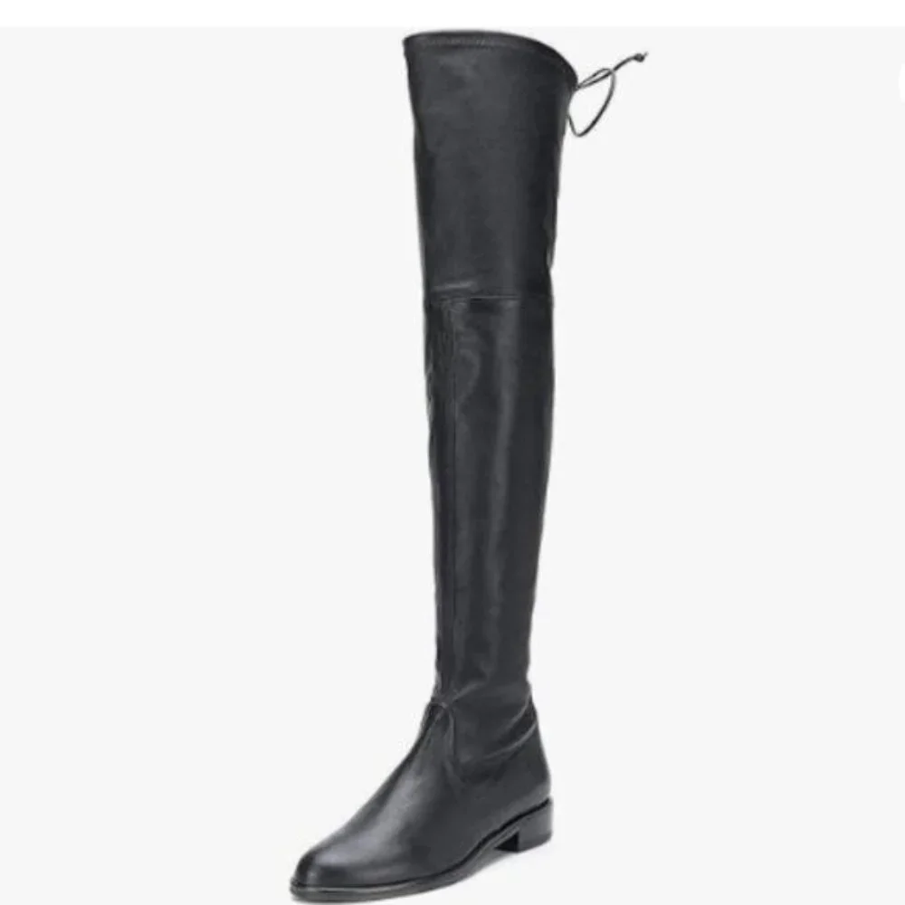 YDN Women Sexy Closed Toe Over The Knee Boots Lace Up Low Heel Black Shoes